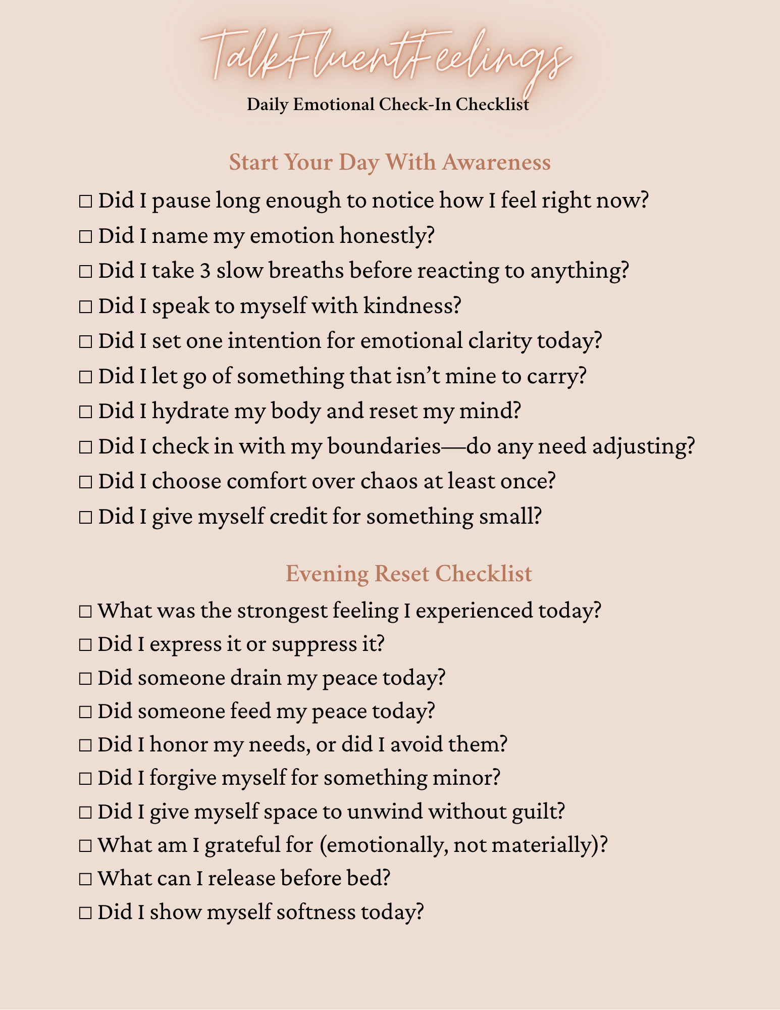 Daily Emotional Check-In Checklist